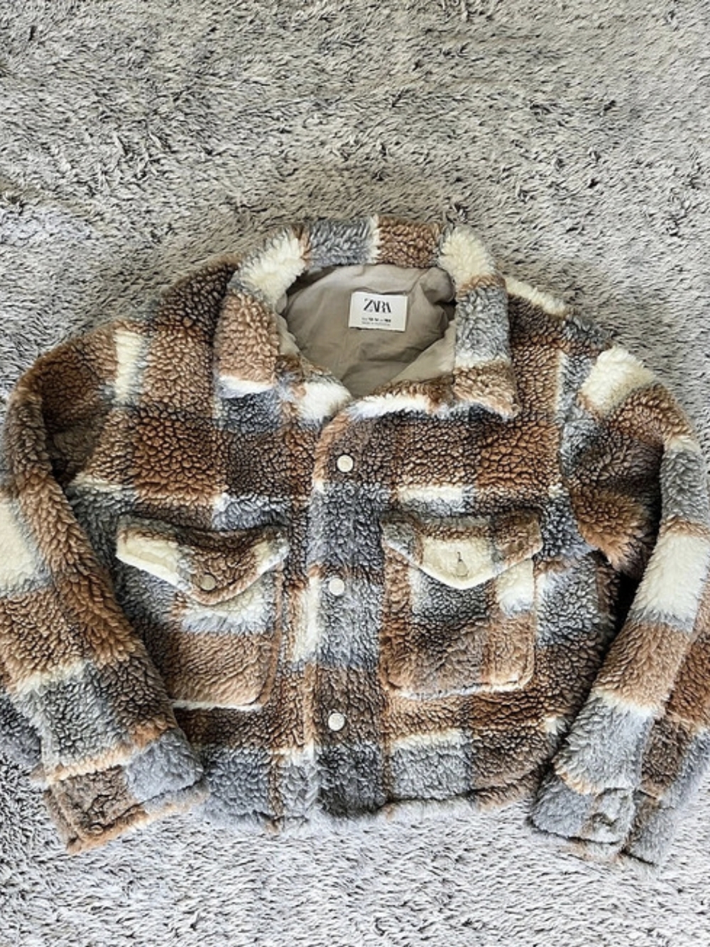 Girls Zara Plaid Teddy Jacket in Brown & Gray Sz 13/14